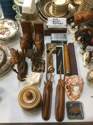 Lot 488 - Pair of carved wood Elephant book ends, carved conch shell, metronome in case and sundry items