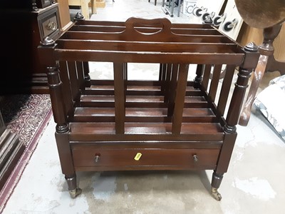 Lot 1062 - Georgian style mahogany Canterbury with drawer below on turned legs and brass castors, 46cm wide, 35.5cm deep, 48cm high approximately