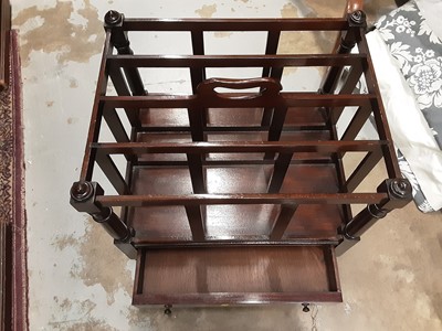 Lot 1062 - Georgian style mahogany Canterbury with drawer below on turned legs and brass castors, 46cm wide, 35.5cm deep, 48cm high approximately