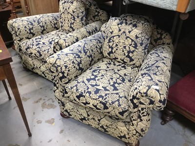 Lot 966 - Pair good quality Edwardian club chairs with blue and gold mouquete upholstery on bun feet