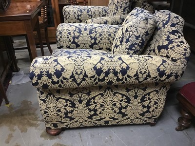 Lot 966 - Pair good quality Edwardian club chairs with blue and gold mouquete upholstery on bun feet