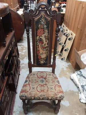 Lot 1068 - 17th century oak high back side chair with later needlework upholstery, 130cm high