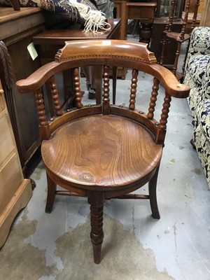 Lot 968 - Late Victorian elm Captains chair with solid seat, bobbin turned supports joined by stretchers