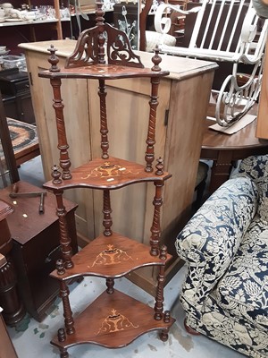 Lot 1070 - Late Victorian inlaid walnut four tier corner whatnot with turned supports, 146.5cm high