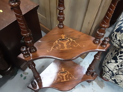 Lot 1070 - Late Victorian inlaid walnut four tier corner whatnot with turned supports, 146.5cm high