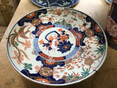Lot 26 - Quantity of oriental porcelain, including two Japanese Imari vases and two dishes, a blue and white Canton dish, and a modern blue and white bowl (6)