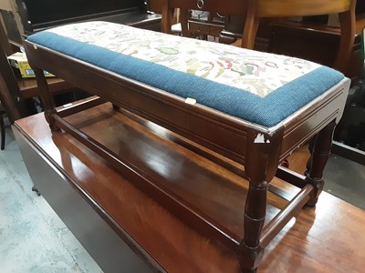 Lot 973 - Long footstool with tapestry top on turned and block legs joined by stretchers, 105.5cm wide, 36cm deep, 42cm high