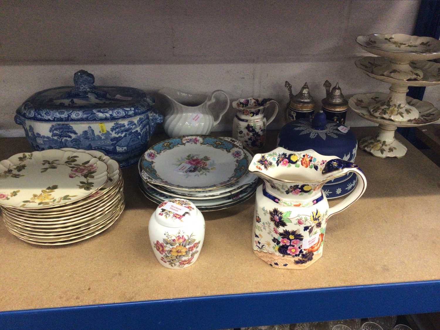 Lot 31 - Quantity of ceramics, including a blue and white tureen, Victorian plates, Masons jugs, etc
