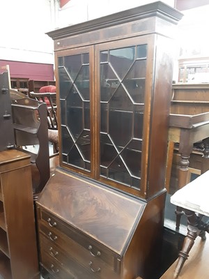 Lot 1079 - Good quality inlaid mahogany bureau bookcase with shelved interior enclosed by two astragal glazed doors with writing compartment and four drawers below, 98cm wide, 46cm deep, 203.5cm high, togethe...