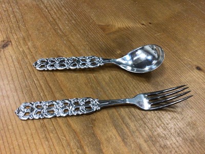 Lot 42 - Quantity of silver plate, brass, glassware and sundries, together with a Norwegian silver Christening fork and spoon