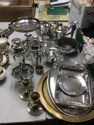 Lot 294 - Group of silver plated ware to include a cocktail shaker, three piece tea set and other plated ware together with an Eastern brass tray