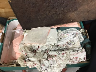 Lot 318 - Box containing silk scarves, ties, table linens, boxed handkerchiefs, a small selection of vintage clothing and a Gentleman's overcoat.