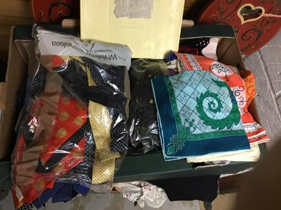 Lot 318 - Box containing silk scarves, ties, table linens, boxed handkerchiefs, a small selection of vintage clothing and a Gentleman's overcoat.