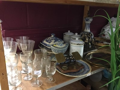 Lot 403 - Dutch tin glazed vase lamp, antique glass wines , postal scales and sundries
