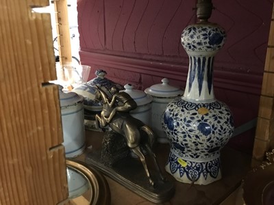 Lot 403 - Dutch tin glazed vase lamp, antique glass wines , postal scales and sundries