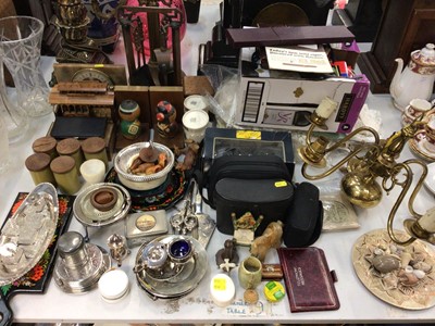 Lot 465 - Novelty book ends, plated ware, fireside utensils, lace, brass electrolier and other items