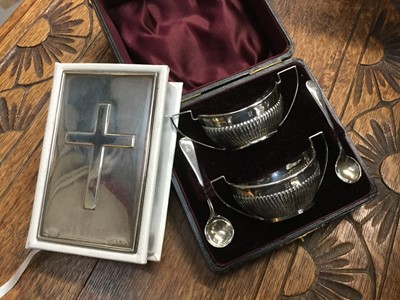 Lot 704 - Pair of Victorian silver salts in a fitted case together with a silver mounted bible (2)