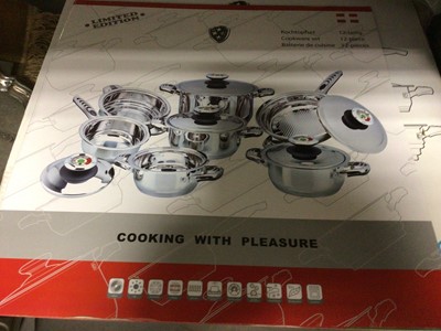 Lot 456 - Stainless steel 12 piece saucepan set, boxed, plus serving platters and tea ware