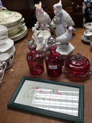 Lot 408 - Pair Victorian ruby glass flasks and decorative items