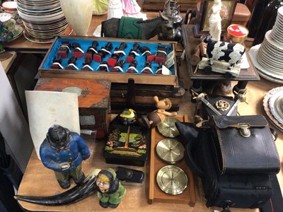 Lot 452 - Wooden oriental chess set, miniature chest and table, combined barometer and thermometer, cameras, binoculars and sundries