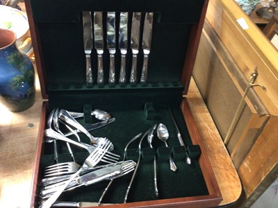 Lot 448 - Canteen with plated flatware, writing box, plated ware, vases, two vintage cameras and glass decanter