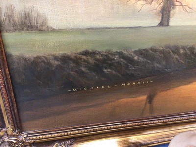Lot 64 - Large gilt framed Michael Morris oil painting of a canal or river scene, 100cm x 49.5cm