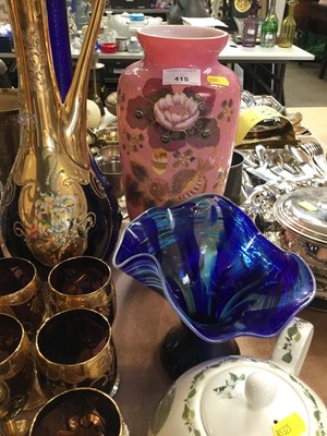 Lot 415 - Victorian pink overlaid glass vase and lot decorated china, glassware and ornaments