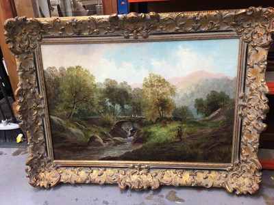 Lot 65 - Large gilt-framed landscape oil painting, signed W. R, Whitby, 75cm x 49cm