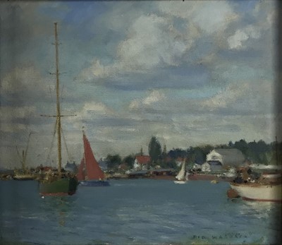 Lot 212 - Fid Harnack RSMA (1897-1983) oil on board in antique painted frame 'Besom Creek, West Mersea, 1953', 35cm x 40cm.