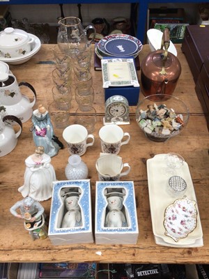 Lot 68 - Three Royal Doulton figures, two Doulton snowman egg cups, Wedgwood clock and frame, other glass, china and sundries