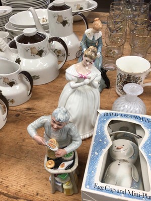 Lot 68 - Three Royal Doulton figures, two Doulton snowman egg cups, Wedgwood clock and frame, other glass, china and sundries