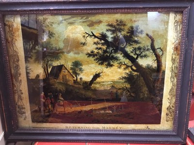 Lot 420 - Pair 19th century reverse printed on glass pictures- 'The Rural Walk','Returning from Market' in original frames