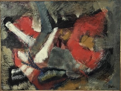 Lot 266 - Helen Hale (b. 1936) oil on board, Red and Grey abstract - with labels