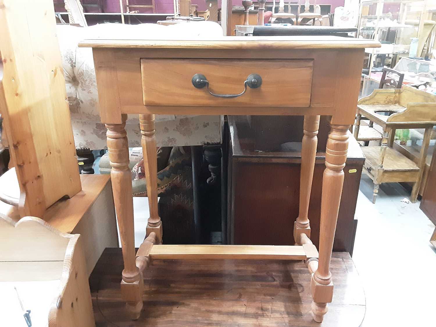 Lot 1129 - Walnut side table with single drawer on turned and block legs joined by stretcher, 60cm wide, 35.5cm deep, 75cm high