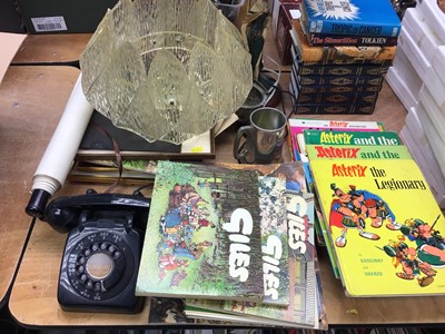 Lot 274 - Giles Cartoon books, Asterix books, novels, telephone, light shade, lady table lamp and pictures