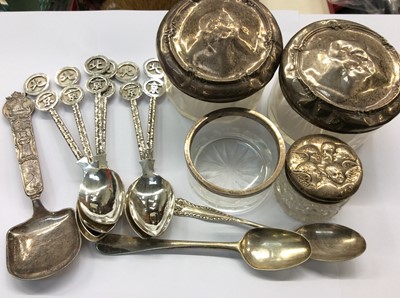 Lot 733 - Group silver and white metal spoons, silver topped glass jars and other items