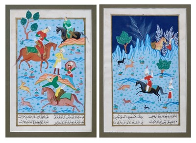 Lot 783 - Decorative pair of antique Persian gouache paintings of hunting scenes