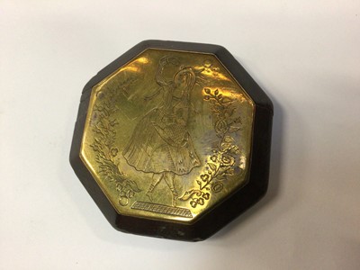 Lot 166 - Unusual Victorian snuff box, of hexagonal form wood, the brass front plate engraved Josh Cooper Nov 7th 1863 with rotating opening, the back brass plate engraved with a figure of a woman, 7.5cm acr...
