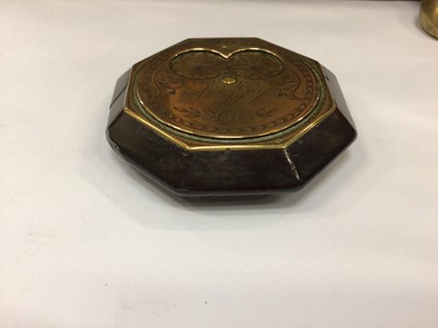 Lot 166 - Unusual Victorian snuff box, of hexagonal form wood, the brass front plate engraved Josh Cooper Nov 7th 1863 with rotating opening, the back brass plate engraved with a figure of a woman, 7.5cm acr...