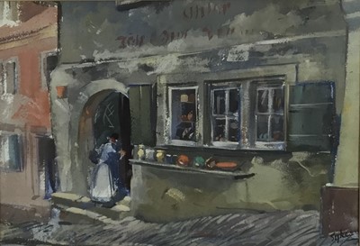 Lot 249 - Aubrey F Sykes (1910-1975) watercolour - Shop front with figure