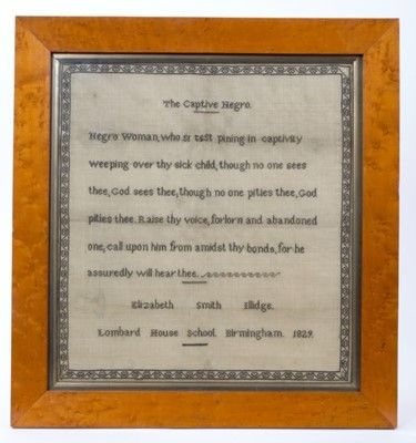 Lot 784 - Of Emancipation / Abolitionist interest: George IV school sampler, probably Quaker, together with a related daguerreotype