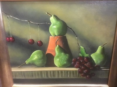 Lot 285 - Nicholas Elliott (contemporary) oil on canvas board, still life with pears