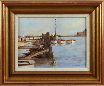 Lot 1245 - Owen Waters (1916-2004) oil on board harbour scene