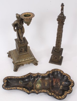 Lot 796 - Early 19th century bronze figural candlestick in the form of a chinaman, 19th century bronze model of Napoleon's column and 19th century papier-mâché snuffer/scissor tray with retailer's label