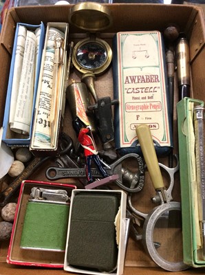 Lot 116 - Vintage pens and pencils, two lighters, Stanley London brass compass, bottle opens and screws, Britain lead soldier and other items