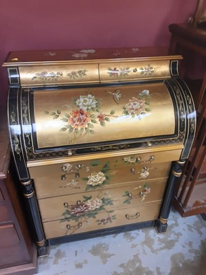 Lot 1147 - Good quality Oriental lacquered cylinder top bureau with fitted interior and four drawers below
