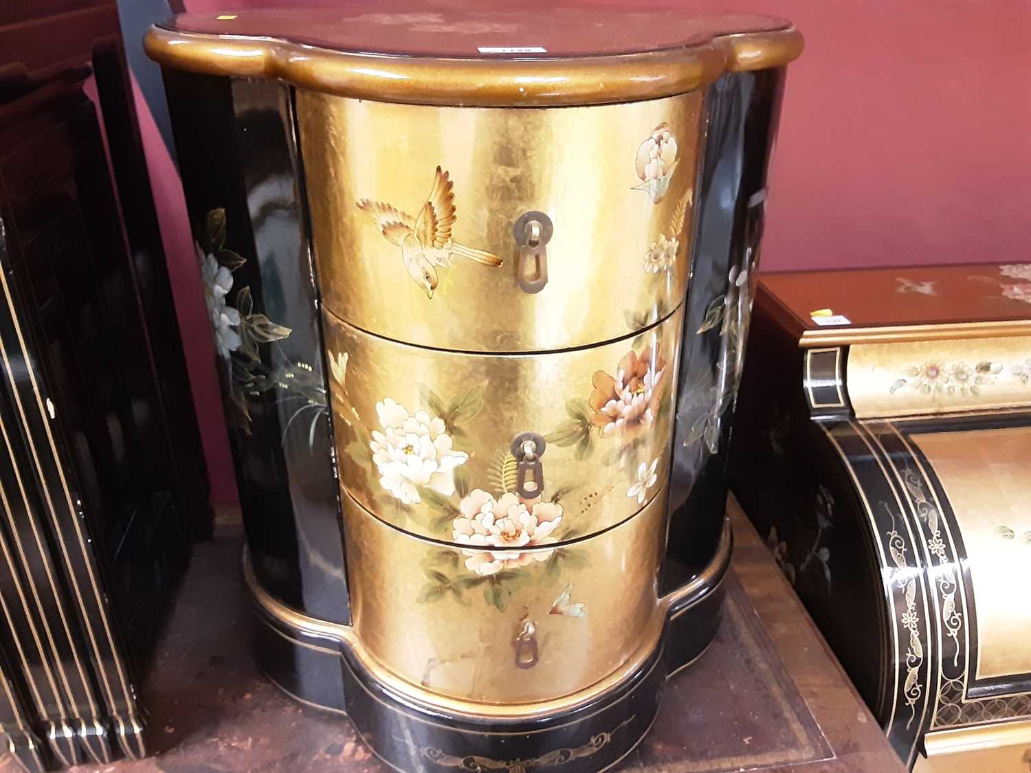 Lot 1148 - Oriental lacquered chest of three drawers decorated with flowers and birds, 53cm wide, 61.5cm high