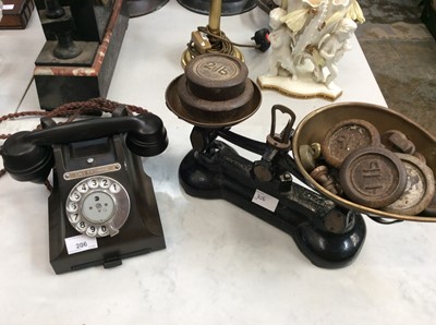 Lot 206 - Old Bakelite telephone and a pair of vintage scales with weights