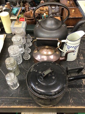 Lot 173 - Large cast iron teapot, together with an enamel saucepan and jug, copper kettle, flat iron, glass jars and stoppers