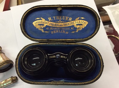 Lot 123 - Three pairs vintage opera glasses, Zeiss Ikon Nettar camera, telescope and some lenses